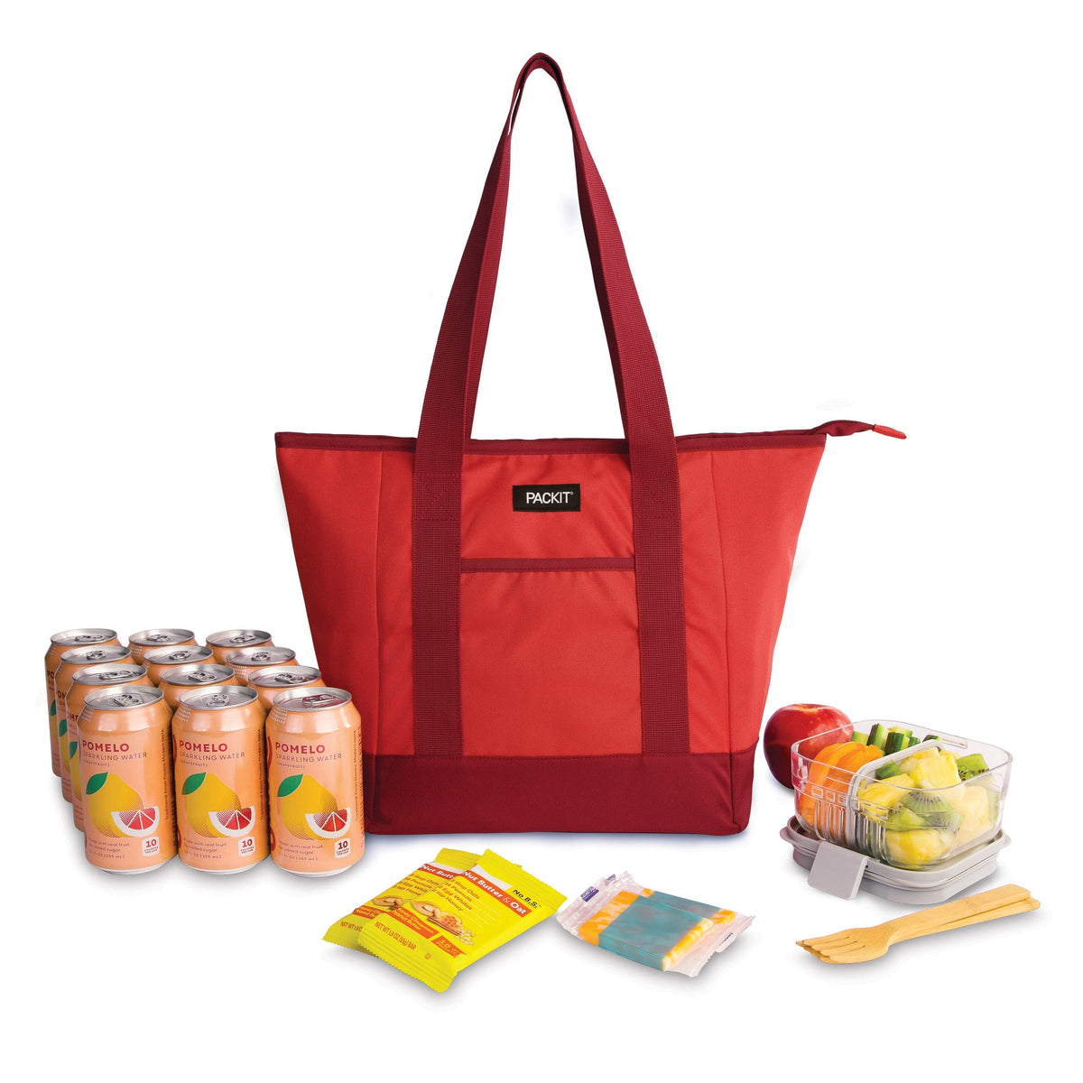 freezable-12-can-tote-cooler-n9 freezable-12-can-tote-cooler-poppy-front-food-combo.jpg